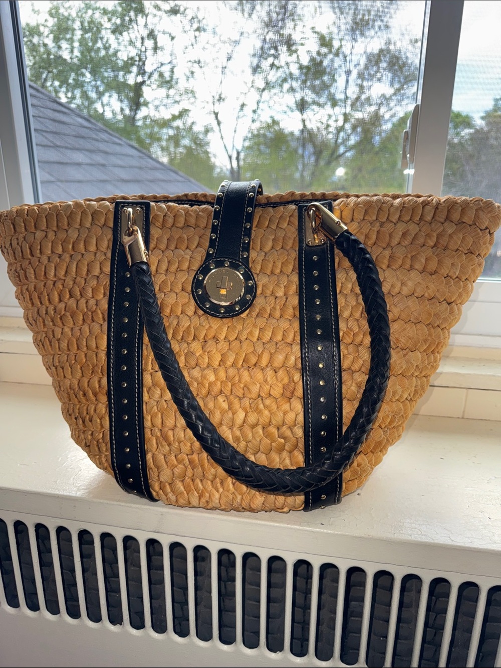 Michael Kors Straw Tote in Natural Tan with Black Leather Trim